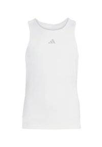 Débardeur de sport blanc sans manches avec encolure ronde, fabriqué en matériau léger, avec un logo gris subtil sur la poitrine.