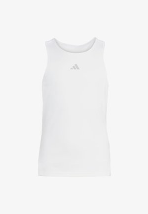 Débardeur de sport blanc sans manches avec encolure ronde, fabriqué en matériau léger, avec un logo gris subtil sur la poitrine.