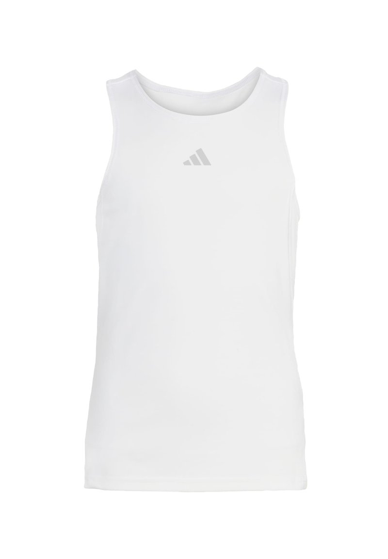 Débardeur de sport blanc sans manches avec encolure ronde, fabriqué en matériau léger, avec un logo gris subtil sur la poitrine.