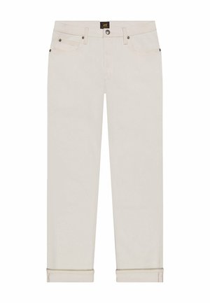 Jeans dritti color avorio con orli risvoltati, chiusura frontale con bottoni e cerniera, passanti per cintura e design a cinque tasche.