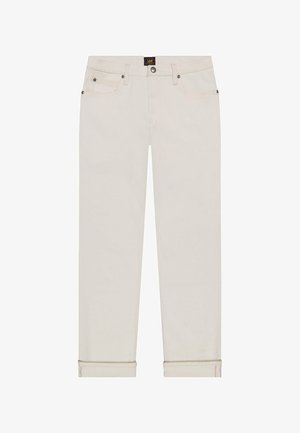 Jeans dritti color avorio con orli risvoltati, chiusura frontale con bottoni e cerniera, passanti per cintura e design a cinque tasche.