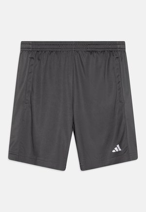Graue Sportshorts aus leichtem Stoff, mit einem elastischen Bund, seitlichen Taschen und dem weißen Adidas-Logo unten rechts.