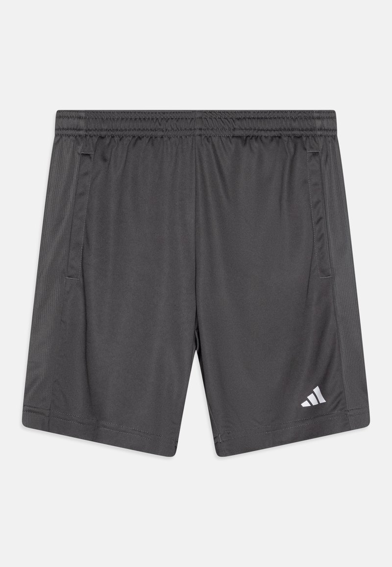 Hallide hallid sportlikud lühikesed püksid kergest kangast, millel on elastne vöökoht, küljetaskud ja valge Adidas logo paremalt alt.