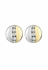 Orecchini a bottone rotondi in oro e argento con una fila verticale di cinque piccoli gioielli trasparenti su ogni orecchino.