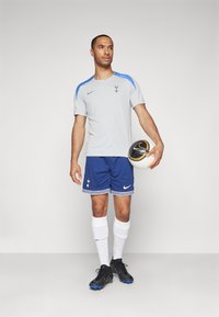 Sivý športový dres s modrými akcentmi, logo na hrudi. Modré šortky s bielymi pruhmi, biele ponožky, čierne futbalové kopačky, drží futbalovú loptu.