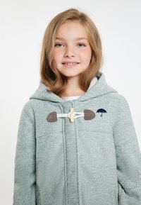 Ljusgrön, strukturerad fleecejacka med huva, som har träriktningsstängningar och bruna detaljer, samt en broderad paraplydetalj.