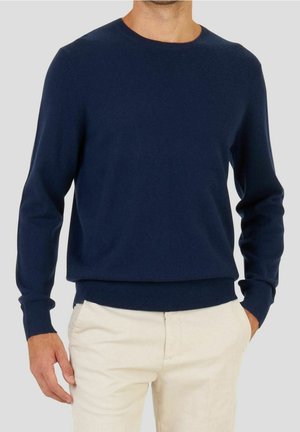 Mand iført en ensfarvet marineblå langærmet sweater og lysebeige bukser, stående med den ene hånd i lommen mod en ensfarvet baggrund.