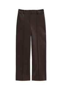 Donkerbruine hooggesneden pantalon met voorplooien, riemlussen, zijzakken en een rechte pasvorm.