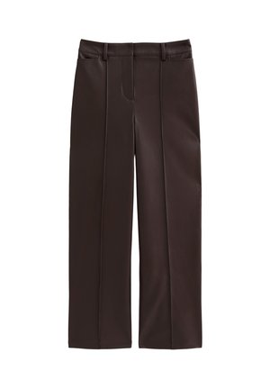 Pantaloni tailored a vita alta di colore marrone scuro, con pieghe frontali, passanti per cintura, tasche laterali e vestibilità dritta.