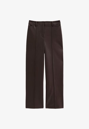 Pantaloni tailored a vita alta di colore marrone scuro, con pieghe frontali, passanti per cintura, tasche laterali e vestibilità dritta.