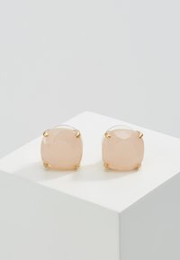 Pink faceted stone earrings set in gold-tone metal, featuring a square shape with four prongs securing the stone. Smooth, glossy finish.