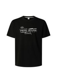 Černé bavlněné tričko s kulatým výstřihem. Na přední straně se nachází bílý tištěný logo s nápisem "PEPE JEANS LONDON" a malým číslem "73" nad ním.