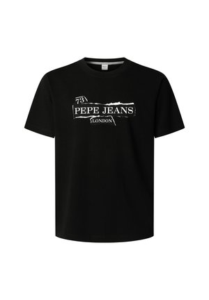 Black cotton t-shirt with a crew neck. Front features a white printed logo reading "PEPE JEANS LONDON" and a small number "73" above it.
