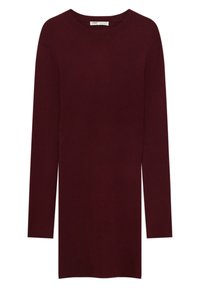 Bordový pletený svetr šaty s dlouhými rukávy, kulatým výstřihem, ribetovým vzorem a rovný střih, navržené pro uvolněný střih.