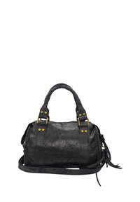 Sac à main en cuir noir avec des accessoires en or, au design structuré, doté de deux poignées, d'une bandoulière détachable et d'une surface texturée.