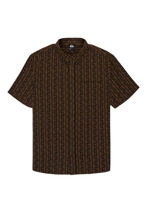 Brown and black short-sleeve button-up shirt with vertical leaf and chain-like patterns and a chest pocket.