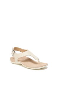 White leather thong sandal featuring a textured upper, adjustable buckle strap, and a soft, cushioned insole with a lightweight sole.