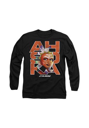 Schwarzes Langarmshirt mit einem stilisierten Gesicht von Ahsoka aus Star Wars über großen orangen Buchstaben, die „AHSOKA“ buchstabieren, und dem Star Wars-Logo darunter.
