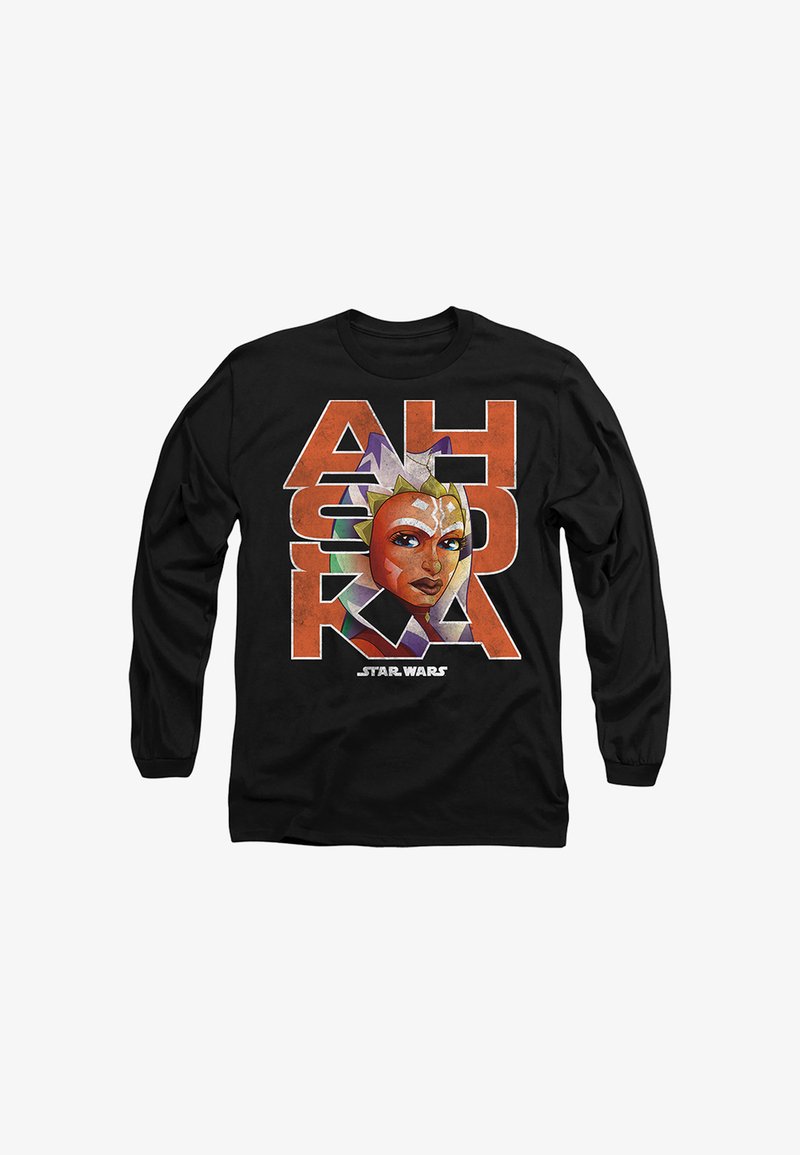 Black long-sleeve shirt with a stylized face of Ahsoka from Star Wars over large orange letters spelling "AHSOKA" and Star Wars logo below.