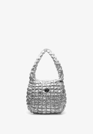 Silver puffy shoulder bag with a quilted design, featuring a rounded shape, thick handles, and a circular black logo detail on the front.