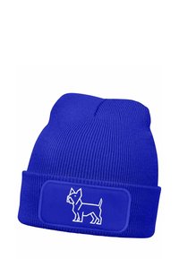 Blue beanie hat with a ribbed texture and a folded cuff, featuring a white graphic of a dog on the front. Made from soft, stretchy material.
