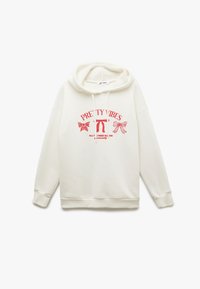 Hoodie w kolorze kremowym z grafiką z przodu zawierającą napis "PRETTY VIBES" w kolorze czerwonym oraz ilustracjami kokardek. Miły w dotyku materiał o luźnym kroju.