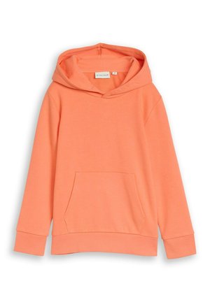 Korallenorange Pullover-Hoodie mit Kängurutasche vorne, gerippten Bündchen, Saum und mittelgroßer Kapuze von der Marke Tom Tailor.
