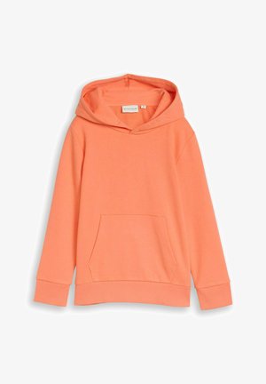 Korallenorange Pullover-Hoodie mit Kängurutasche vorne, gerippten Bündchen, Saum und mittelgroßer Kapuze von der Marke Tom Tailor.