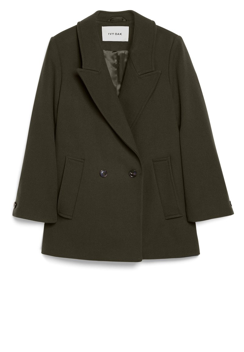 Manteau en laine double boutonnage, vert foncé, avec un col cranté, deux poches avant et des boutons décoratifs sur les manches. Doublure intérieure lisse.