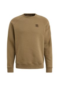 Khaki Sweatshirt mit Rundhalsausschnitt, Raglanärmeln und einem strukturierten Logopatch auf der Brust. Mit gerippten Bündchen und Saum.