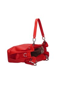 Borsa a mano rossa in pelle con design strutturato, doppi manici, dettagli in metallo argentato e apertura superiore che mostra un interno marrone con tasca con zip.