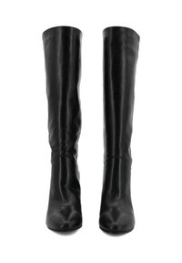 Stivali neri in pelle al ginocchio con una texture liscia, punta tonda e un design aderente, dotati di un tacco leggero e costruzione senza cuciture.