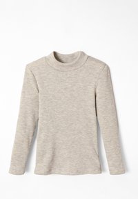 Maglia a maniche lunghe con colletto a dolcevita in tessuto a coste beige chiaro, con un design aderente e spalle senza cuciture per una silhouette fluida.