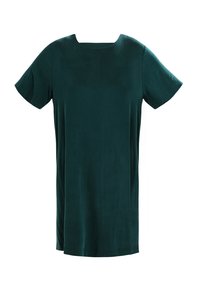 Robe à manches courtes de couleur vert profond, avec une coupe décontractée, un décolleté carré et une texture lisse et mate sans motifs ni accents visibles.