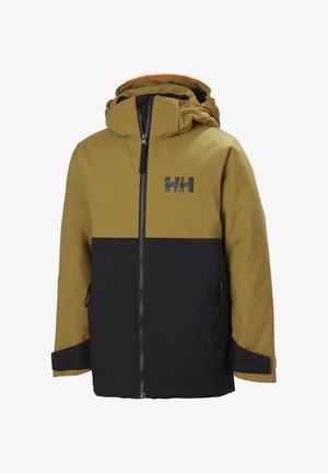 Chaqueta impermeable amarilla-verde y negra con cierre de cremallera, capucha, dos bolsillos laterales y un logo en el pecho. Tejido texturizado y acentos.