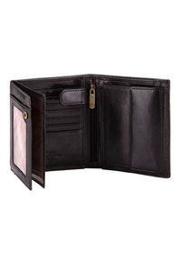Portafoglio in pelle nera con più scomparti per carte, una tasca con zip e una finestra trasparente per l'ID. Caratterizzato da una texture liscia e un dettaglio del logo discreto.