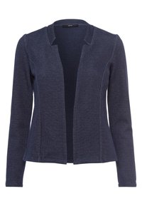 Blazer pour femme bleu marine à ouverture frontale, manches longues et tissu texturé, avec un petit col montant et une coupe cintrée.