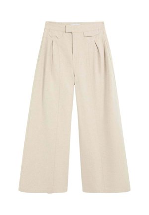Pantalones beige de pierna ancha con cintura alta, pliegues delanteros y detalles de bolsillo con solapa, diseñados para un ajuste holgado y cómodo.