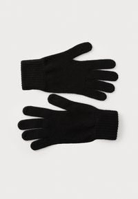Schwarze gestrickte Handschuhe mit gerippten Bündchen und Fünf-Finger-Design. Weiche Textur, standardmäßige Form und gleichmäßige Farbe ohne bemerkenswerte Muster.