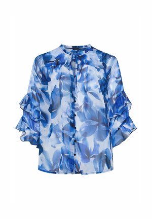 Blouse transparente bleue et blanche à motif floral avec manches 3/4 à volants, boutonnée sur le devant et fermeture à lien à l'encolure ronde.