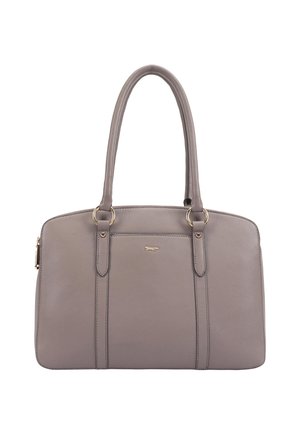 Grey leather handbag with double handles, gold ring accents, and a small gold logo on the front center.