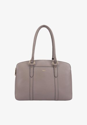 Grijze leren handtas met dubbele handvatten, gouden ringaccenten en een klein gouden logo aan de voorkant in het midden.