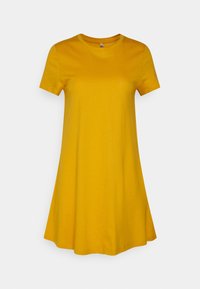 Vestido amarelo de manga curta com decote redondo, silhueta em A, feito de tecido suave, textura lisa e corte até ao joelho.