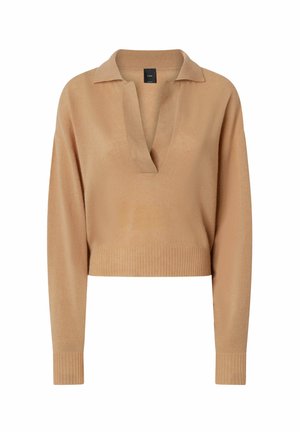 Suéter beige recortado con escote en V y diseño con cuello. Cuenta con mangas largas y puños y dobladillo acanalados. Textura suave.