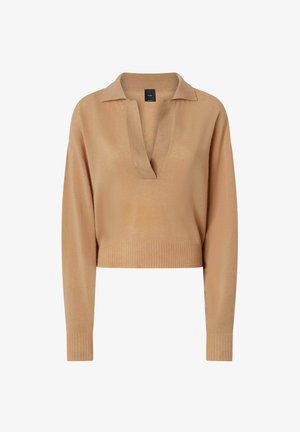 Suéter beige recortado con escote en V y diseño con cuello. Cuenta con mangas largas y puños y dobladillo acanalados. Textura suave.
