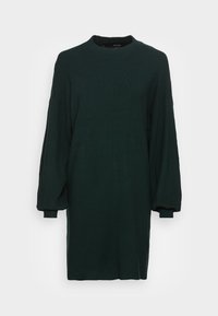Robe-pull en maille vert foncé avec un col rond, des manches longues bouffantes et des poignets côtelés. Texture lisse et coupe décontractée.