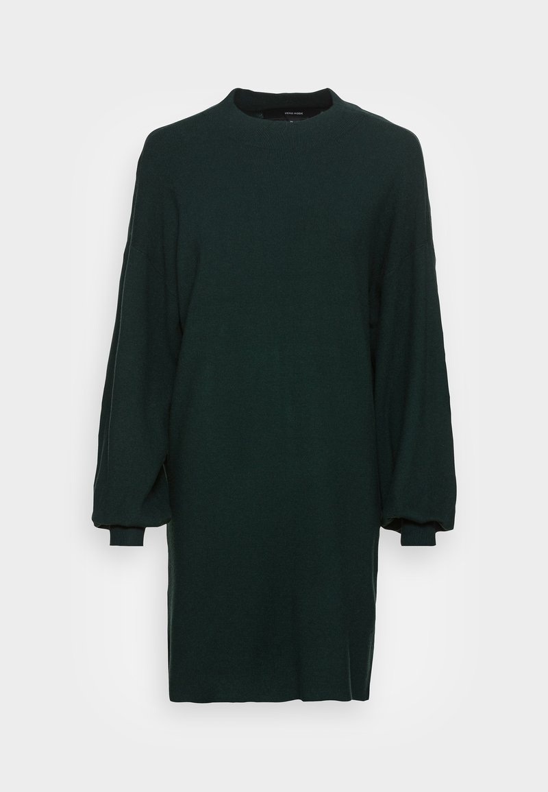 Robe-pull en maille vert foncé avec un col rond, des manches longues bouffantes et des poignets côtelés. Texture lisse et coupe décontractée.