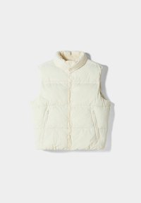 Puffig gräddfärgad väst med hög krage, framknappar och två sidodragkedjefickor. Slät textur med quiltmönstrade detaljer.