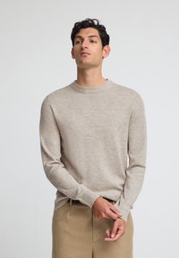 Beige langärmliger Strickpullover mit Rundhalsausschnitt und gerippten Bündchen, aus weichem Material, kombiniert mit beigen Hosen.