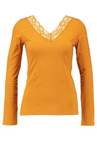 Long-sleeve, deep V-neck top in mustard yellow cotton. Features lace trim around neckline. Soft texture, fitted design.